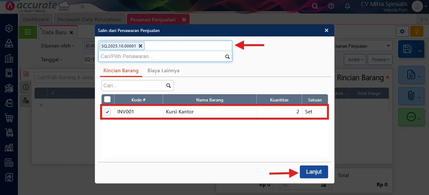 Catat pesanan penjualan dari penawaran penjualan